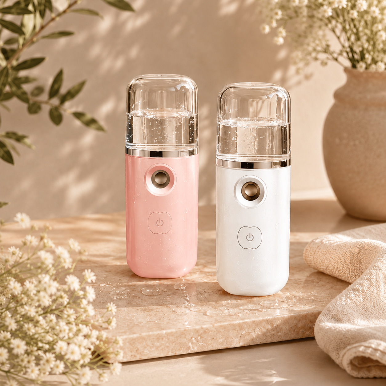 HydraNano brumisateur nano facial rose et blanc ambiance spa